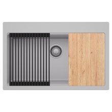 HD Infinity Grey 78 egymedencés gránit mosogatótálca szett, vágódeszkával, matt fekete csepegtetőráccsal, alpesi szürke színben, szálcsiszolt króm leeresztő szifonnal