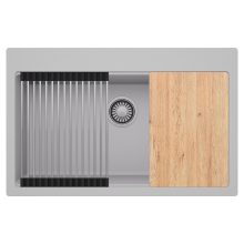 HD Infinity Grey 78 egymedencés gránit mosogatótálca szett, vágódeszkával, acél csepegtetőráccsal, alpesi szürke színben, szálcsiszolt króm leeresztő szifonnal