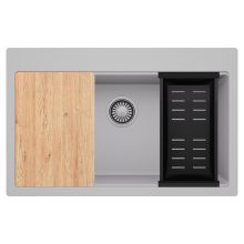 HD Infinity Grey 78 egymedencés gránit mosogatótálca szett, vágódeszkával, matt fekete csepegtetőkosárral, alpesi szürke színben, szálcsiszolt króm leeresztő szifonnal