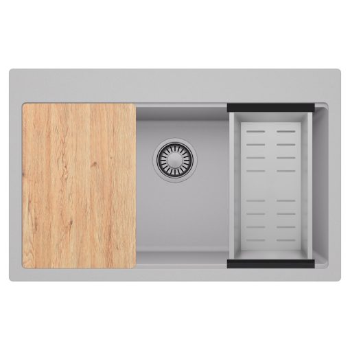 HD Infinity Grey 78 egymedencés gránit mosogatótálca szett, vágódeszkával, acél csepegtetőkosárral, alpesi szürke színben, szálcsiszolt króm leeresztő szifonnal
