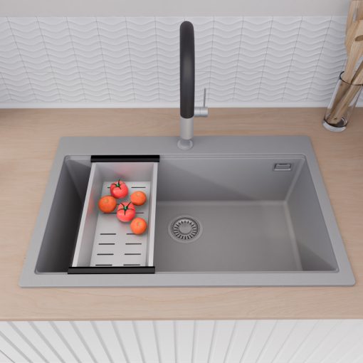 HD Infinity Grey 78 egymedencés gránit mosogatótálca szett, vágódeszkával, acél csepegtetőkosárral, alpesi szürke színben, szálcsiszolt króm leeresztő szifonnal