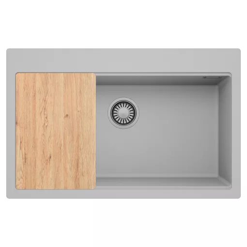 HD Infinity Grey 78 egymedencés gránit mosogatótálca, vágódeszkával, alpesi szürke színben, szálcsiszolt króm leeresztő szifonnal