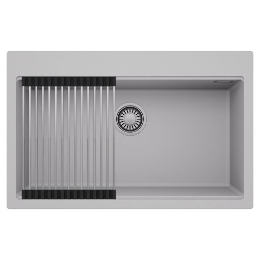 HD Infinity Grey 78 egymedencés gránit mosogatótálca szett, acél csepegtetőráccsal, alpesi szürke színben, szálcsiszolt króm leeresztő szifonnal