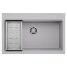 HD Infinity Grey 78 egymedencés gránit mosogatótálca szett, acél csepegtetőkosárral, alpesi szürke színben, szálcsiszolt króm leeresztő szifonnal