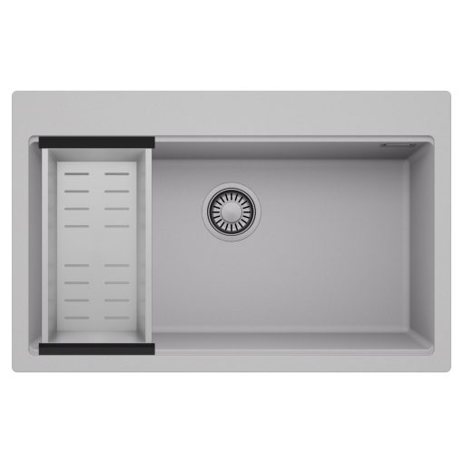 HD Infinity Grey 78 egymedencés gránit mosogatótálca szett, acél csepegtetőkosárral, alpesi szürke színben, szálcsiszolt króm leeresztő szifonnal