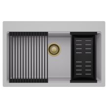 HD Infinity Grey 78 egymedencés gránit mosogatótálca szett, matt fekete csepegtetőráccsal és kosárral, alpesi szürke színben, szálcsiszolt arany leeresztő szifonnal