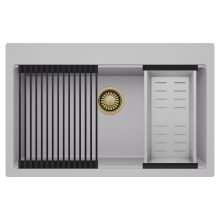 HD Infinity Grey 78 egymedencés gránit mosogatótálca szett, matt fekete csepegtetőráccsal és krómozott kosárral, alpesi szürke színben, szálcsiszolt arany leeresztő szifonnal