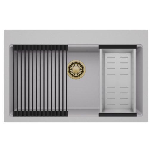 HD Infinity Grey 78 egymedencés gránit mosogatótálca szett, matt fekete csepegtetőráccsal és krómozott kosárral, alpesi szürke színben, szálcsiszolt arany leeresztő szifonnal