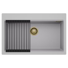 HD Infinity Grey 78 egymedencés gránit mosogatótálca szett, matt fekete csepegtetőráccsal, alpesi szürke színben, szálcsiszolt arany leeresztő szifonnal