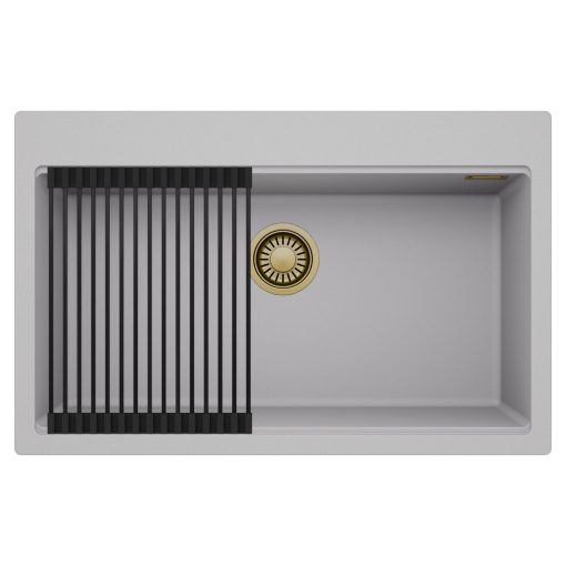 HD Infinity Grey 78 egymedencés gránit mosogatótálca szett, matt fekete csepegtetőráccsal, alpesi szürke színben, szálcsiszolt arany leeresztő szifonnal