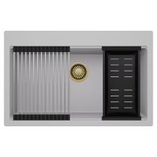 HD Infinity Grey 78 egymedencés gránit mosogatótálca szett, acél csepegtetőráccsal és matt fekete kosárral, alpesi szürke színben, szálcsiszolt arany leeresztő szifonnal