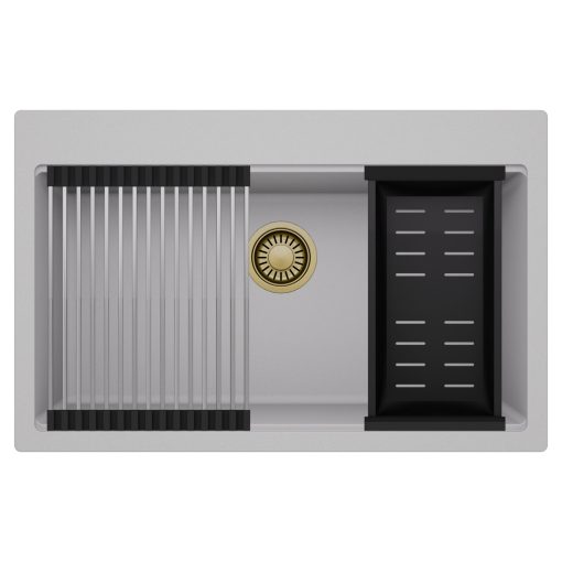 HD Infinity Grey 78 egymedencés gránit mosogatótálca szett, acél csepegtetőráccsal és matt fekete kosárral, alpesi szürke színben, szálcsiszolt arany leeresztő szifonnal