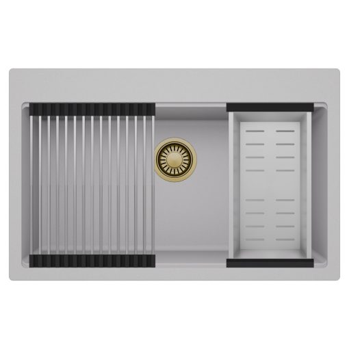 HD Infinity Grey 78 egymedencés gránit mosogatótálca szett, acél csepegtetőráccsal és kosárral, alpesi szürke színben, szálcsiszolt arany leeresztő szifonnal