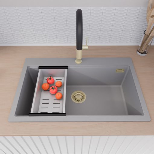 HD Infinity Grey 78 egymedencés gránit mosogatótálca szett, acél csepegtetőráccsal és kosárral, alpesi szürke színben, szálcsiszolt arany leeresztő szifonnal