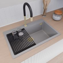 HD Infinity Grey 78 egymedencés gránit mosogatótálca szett, vágódeszkával, matt fekete csepegtetőráccsal és kosárral, alpesi szürke színben, szálcsiszolt arany leeresztő szifonnal