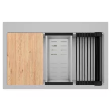 HD Infinity Grey 78 egymedencés gránit mosogatótálca szett, vágódeszkával, matt fekete csepegtetőráccsal és krómozott kosárral, alpesi szürke színben, szálcsiszolt arany leeresztő szifonnal