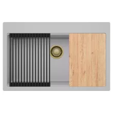 HD Infinity Grey 78 egymedencés gránit mosogatótálca szett, vágódeszkával, matt fekete csepegtetőráccsal, alpesi szürke színben, szálcsiszolt arany leeresztő szifonnal