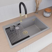 HD Infinity Grey 78 egymedencés gránit mosogatótálca szett, vágódeszkával, acél csepegtetőráccsal, alpesi szürke színben, szálcsiszolt arany leeresztő szifonnal