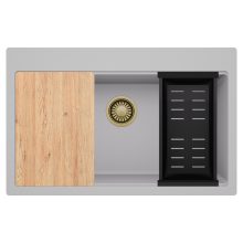 HD Infinity Grey 78 egymedencés gránit mosogatótálca szett, vágódeszkával, matt fekete csepegtetőkosárral, alpesi szürke színben, szálcsiszolt arany leeresztő szifonnal