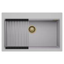 HD Infinity Grey 78 egymedencés gránit mosogatótálca szett, acél csepegtetőráccsal, alpesi szürke színben, szálcsiszolt arany leeresztő szifonnal