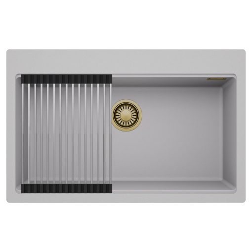 HD Infinity Grey 78 egymedencés gránit mosogatótálca szett, acél csepegtetőráccsal, alpesi szürke színben, szálcsiszolt arany leeresztő szifonnal