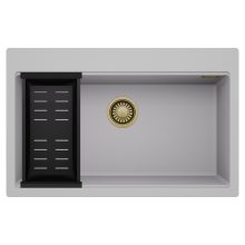 HD Infinity Grey 78 egymedencés gránit mosogatótálca szett, matt fekete csepegtetőkosárral, alpesi szürke színben, szálcsiszolt arany leeresztő szifonnal