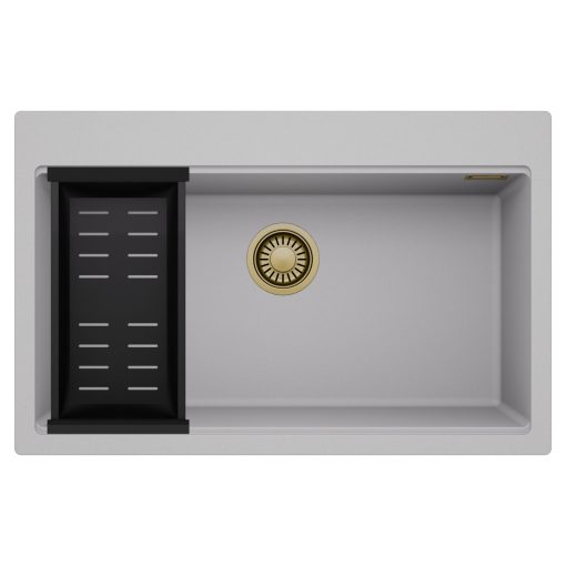 HD Infinity Grey 78 egymedencés gránit mosogatótálca szett, matt fekete csepegtetőkosárral, alpesi szürke színben, szálcsiszolt arany leeresztő szifonnal