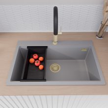 HD Infinity Grey 78 egymedencés gránit mosogatótálca szett, matt fekete csepegtetőkosárral, alpesi szürke színben, szálcsiszolt arany leeresztő szifonnal