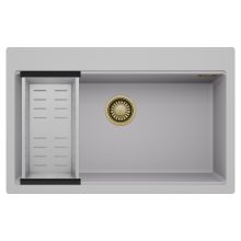 HD Infinity Grey 78 egymedencés gránit mosogatótálca szett, acél csepegtetőkosárral, alpesi szürke színben, szálcsiszolt arany leeresztő szifonnal