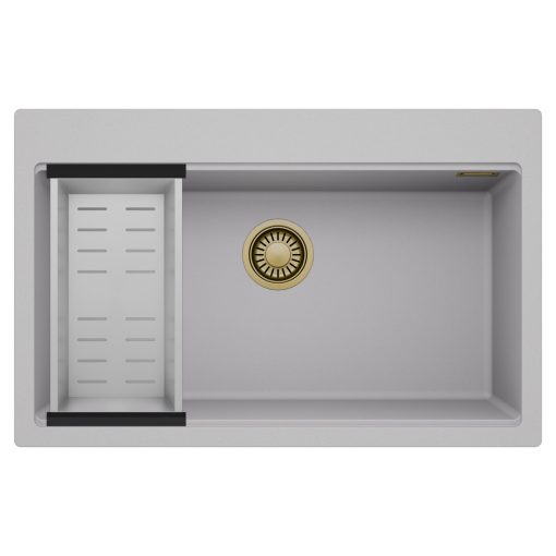 HD Infinity Grey 78 egymedencés gránit mosogatótálca szett, acél csepegtetőkosárral, alpesi szürke színben, szálcsiszolt arany leeresztő szifonnal