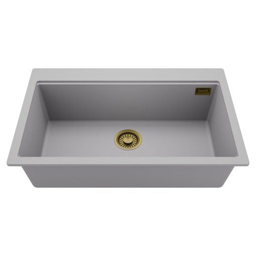 HD Infinity Grey 78 egymedencés gránit mosogatótálca, alpesi szürke színben, szálcsiszolt arany leeresztő szifonnal