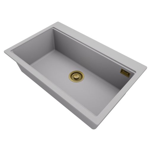 HD Infinity Grey 78 egymedencés gránit mosogatótálca, alpesi szürke színben, szálcsiszolt arany leeresztő szifonnal