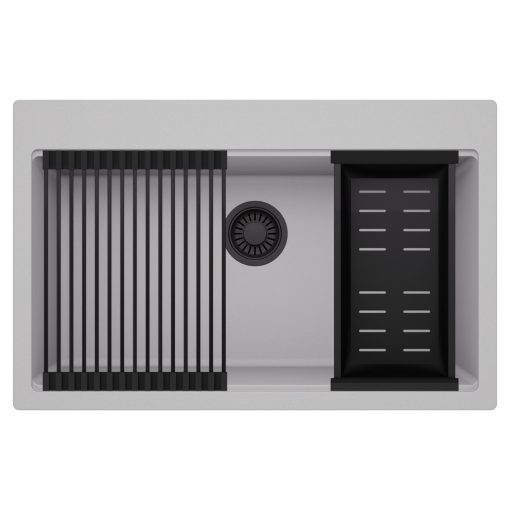 HD Infinity Grey 78 egymedencés gránit mosogatótálca szett, matt fekete csepegtetőráccsal és kosárral, alpesi szürke színben, matt fekete leeresztő szifonnal