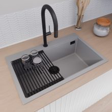 HD Infinity Grey 78 egymedencés gránit mosogatótálca szett, matt fekete csepegtetőráccsal és kosárral, alpesi szürke színben, matt fekete leeresztő szifonnal