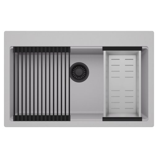 HD Infinity Grey 78 egymedencés gránit mosogatótálca szett, matt fekete csepegtetőráccsal és krómozott kosárral, alpesi szürke színben, matt fekete leeresztő szifonnal