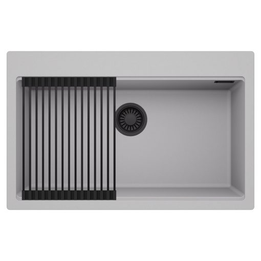 HD Infinity Grey 78 egymedencés gránit mosogatótálca szett, matt fekete csepegtetőráccsal, alpesi szürke színben, matt fekete leeresztő szifonnal