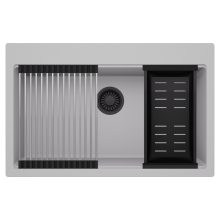 HD Infinity Grey 78 egymedencés gránit mosogatótálca szett, acél csepegtetőráccsal és matt fekete kosárral, alpesi szürke színben, matt fekete leeresztő szifonnal