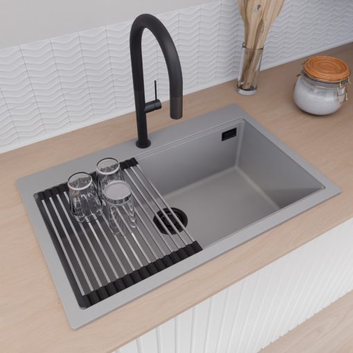 HD Infinity Grey 78 egymedencés gránit mosogatótálca szett, acél csepegtetőráccsal és matt fekete kosárral, alpesi szürke színben, matt fekete leeresztő szifonnal