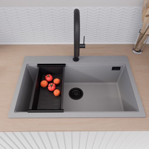 HD Infinity Grey 78 egymedencés gránit mosogatótálca szett, acél csepegtetőráccsal és matt fekete kosárral, alpesi szürke színben, matt fekete leeresztő szifonnal