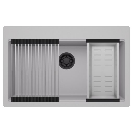 HD Infinity Grey 78 egymedencés gránit mosogatótálca szett, acél csepegtetőráccsal és kosárral, alpesi szürke színben, matt fekete leeresztő szifonnal