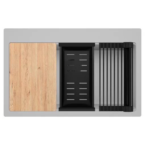 HD Infinity Grey 78 egymedencés gránit mosogatótálca szett, vágódeszkával, matt fekete csepegtetőráccsal és kosárral, alpesi szürke színben, matt fekete leeresztő szifonnal