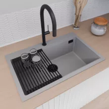 HD Infinity Grey 78 egymedencés gránit mosogatótálca szett, vágódeszkával, matt fekete csepegtetőráccsal és kosárral, alpesi szürke színben, matt fekete leeresztő szifonnal