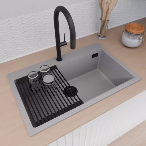 HD Infinity Grey 78 egymedencés gránit mosogatótálca szett, vágódeszkával, matt fekete csepegtetőráccsal és kosárral, alpesi szürke színben, matt fekete leeresztő szifonnal