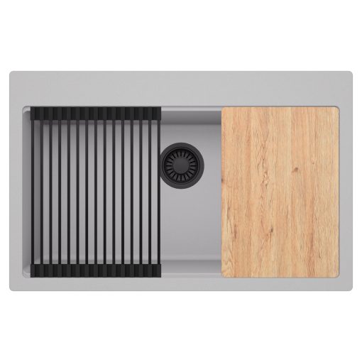 HD Infinity Grey 78 egymedencés gránit mosogatótálca szett, vágódeszkával, matt fekete csepegtetőráccsal, alpesi szürke színben, matt fekete leeresztő szifonnal
