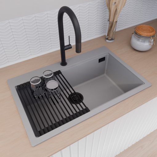 HD Infinity Grey 78 egymedencés gránit mosogatótálca szett, vágódeszkával, matt fekete csepegtetőráccsal, alpesi szürke színben, matt fekete leeresztő szifonnal