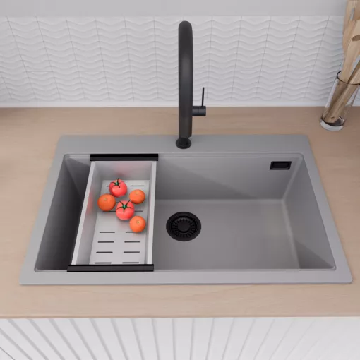 HD Infinity Grey 78 egymedencés gránit mosogatótálca szett, vágódeszkával, acél csepegtetőráccsal és kosárral, alpesi szürke színben, matt fekete leeresztő szifonnal