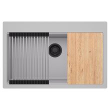 HD Infinity Grey 78 egymedencés gránit mosogatótálca szett, vágódeszkával, acél csepegtetőráccsal, alpesi szürke színben, matt fekete leeresztő szifonnal