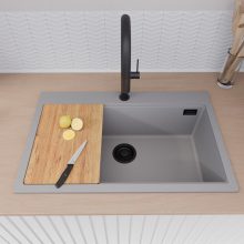 HD Infinity Grey 78 egymedencés gránit mosogatótálca szett, vágódeszkával, acél csepegtetőráccsal, alpesi szürke színben, matt fekete leeresztő szifonnal