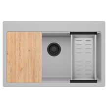 HD Infinity Grey 78 egymedencés gránit mosogatótálca szett, vágódeszkával, acél csepegtetőkosárral, alpesi szürke színben, matt fekete leeresztő szifonnal