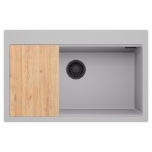 HD Infinity Grey 78 egymedencés gránit mosogatótálca, vágódeszkával, alpesi szürke színben, matt fekete leeresztő szifonnal